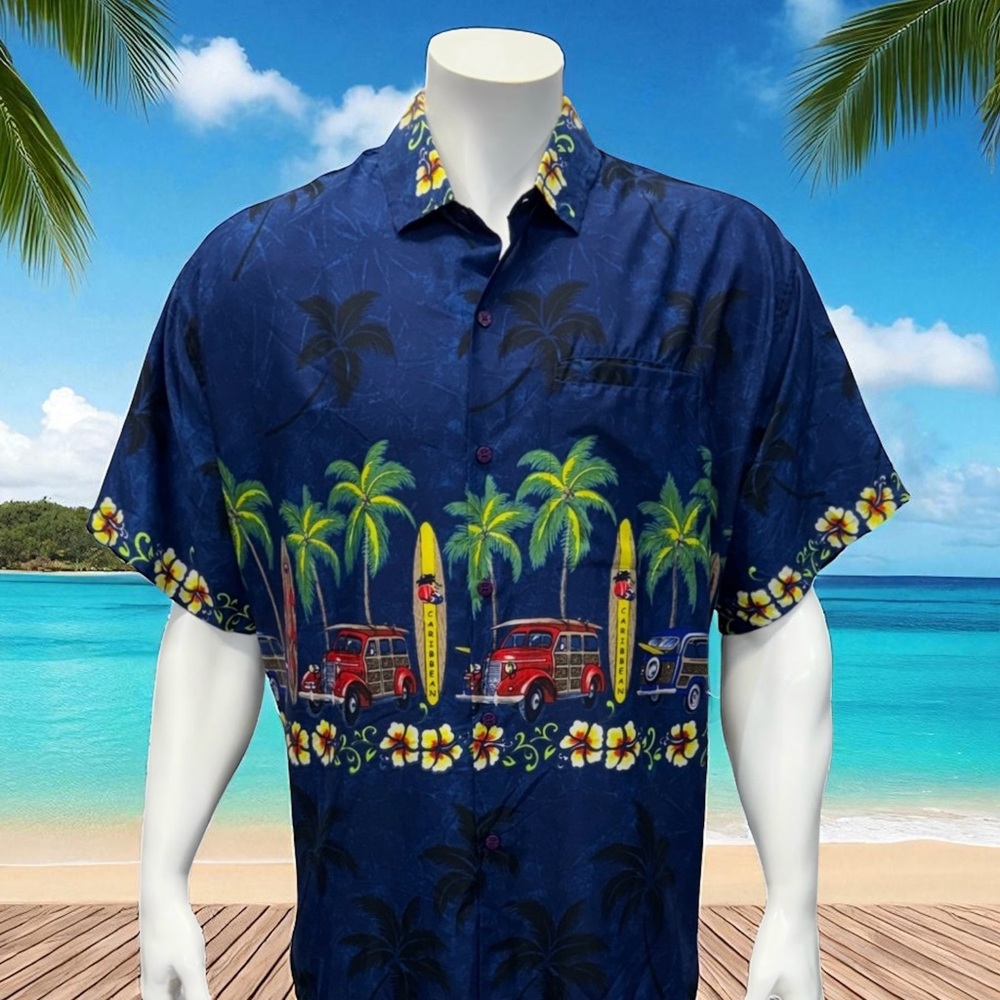 Vintage Rima Blue Multi Color Hawaiian Aloha Woody Cars-Surf Boards Print Shirt
